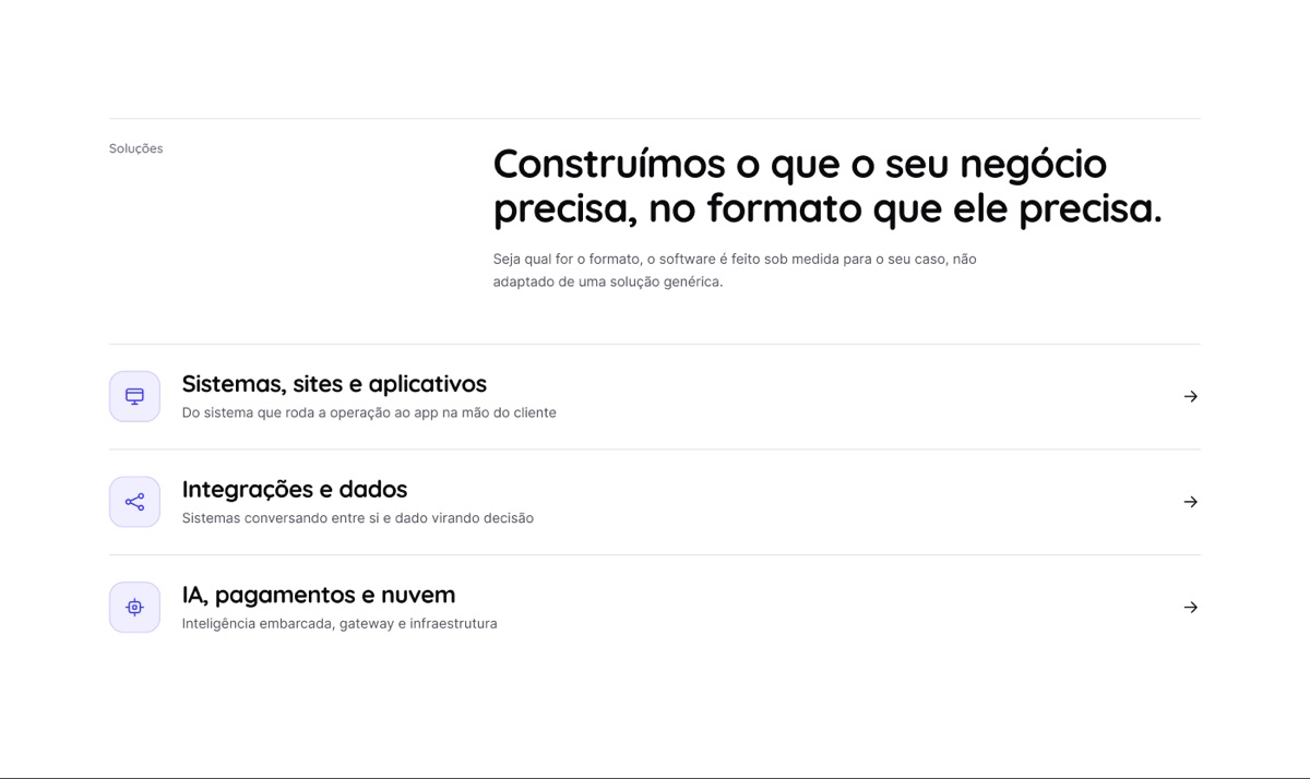 Inovaxio services section — solutions across systems, integrations, AI and cloud