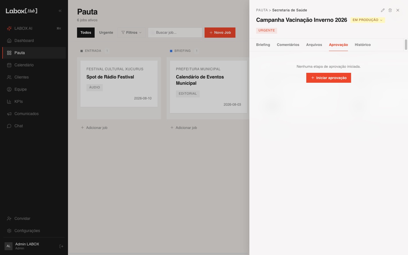 Labox Hub — approval flow inside the job drawer