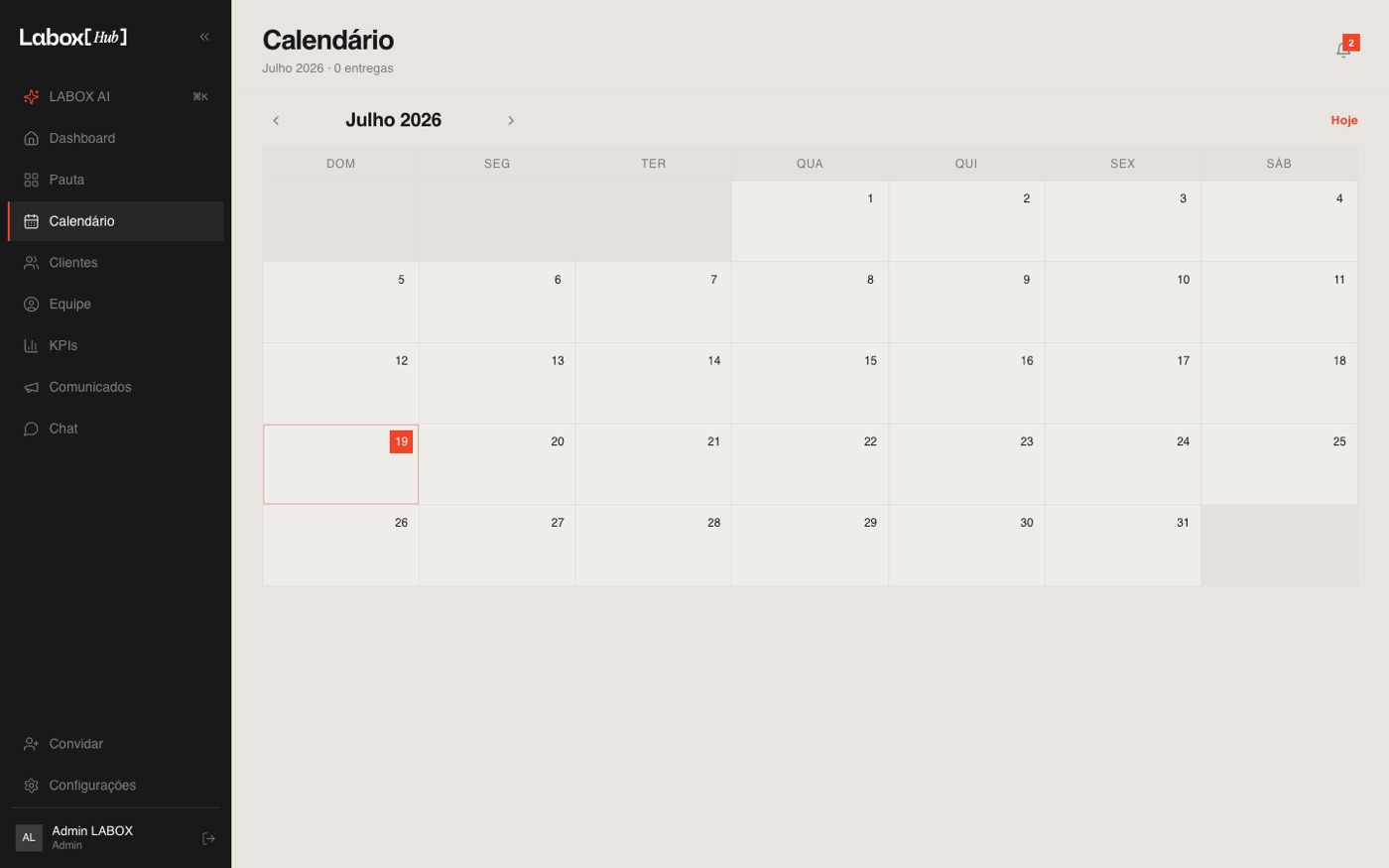 Labox Hub — calendar view of the creative pipeline