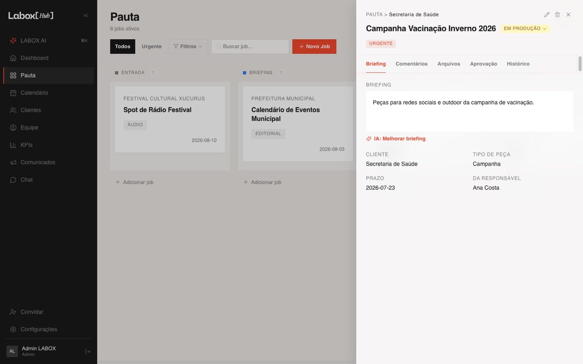 Labox Hub — job detail drawer with brief, owners and deadlines